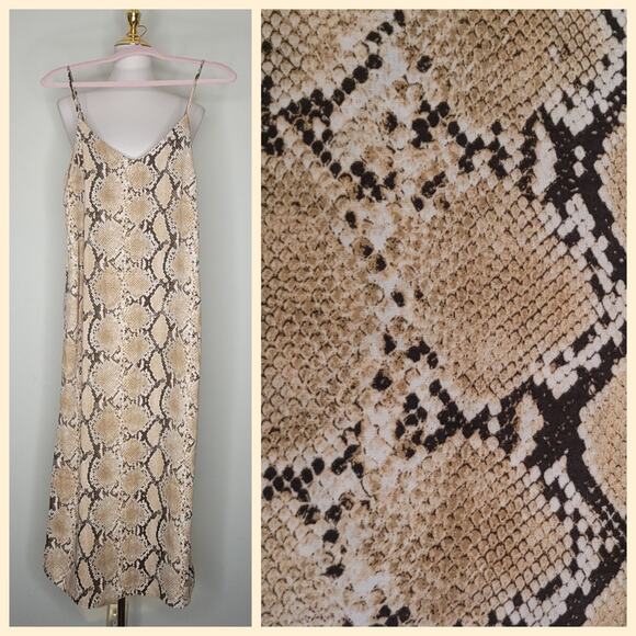 H & M Brown Snakeskin Print Strappy Midi Shift Slip Dress Side‎ Slit XS NWT - Picture 1 of 8